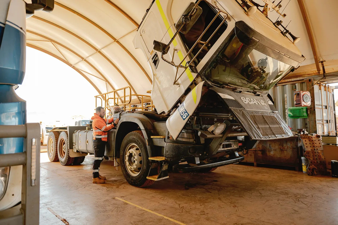 Scania truck with it's cab opened